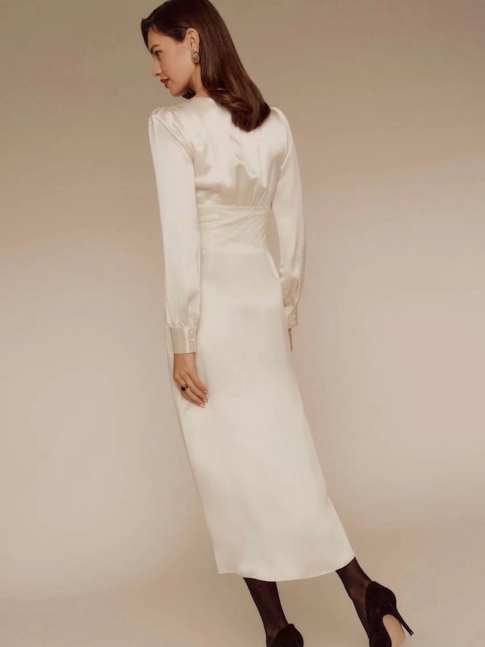 Reformation Ivory Satin V-Neck Button Front Slip Dress - Picture 5 of 9